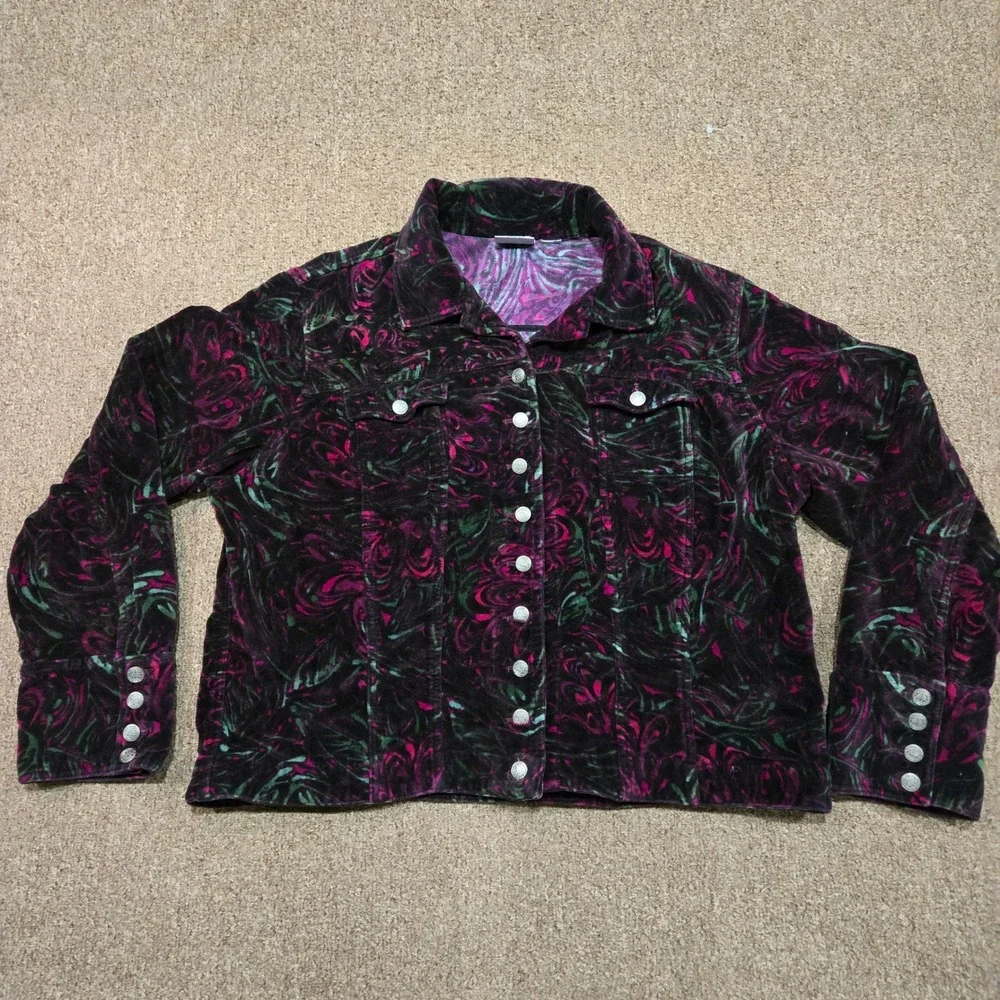 Chico's Velvet Jacket Womens 2 Purple Green Swirl Aztec Shacket Art‎ To Wear